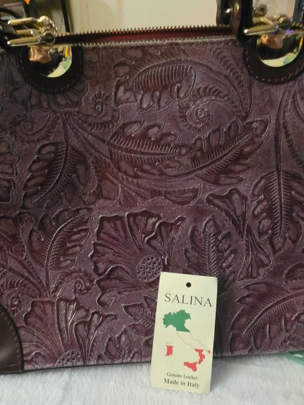 Salina Italian Genuine Leather Hand-Tooled Floral Satchel Bag
